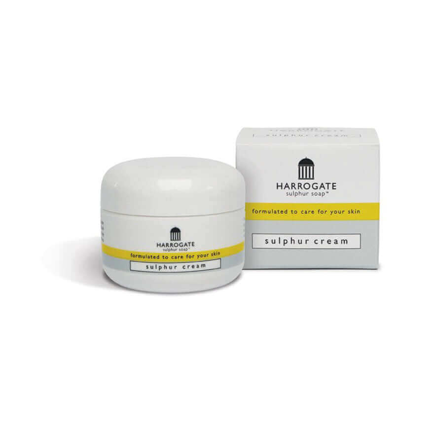 Harrogate sulphur skincare collection featuring sulphur cream in a jar with packaging for effective skincare.