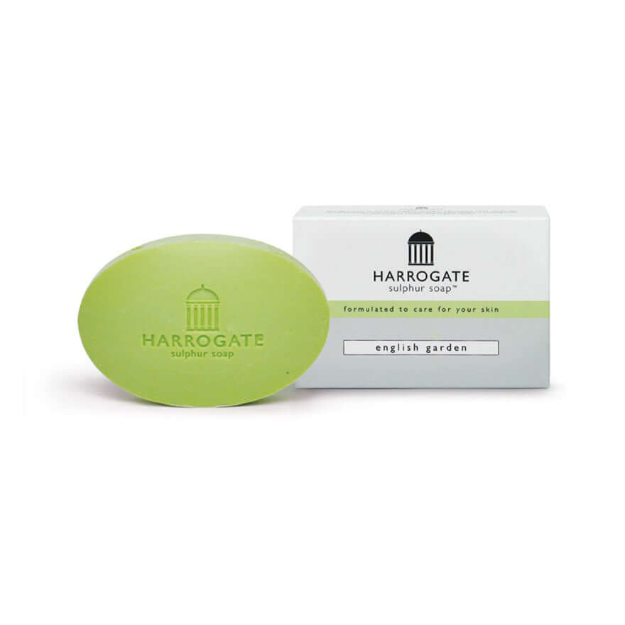 Harrogate sulphur soap collection English Garden fragrance with packaging, showcasing skin care benefits.