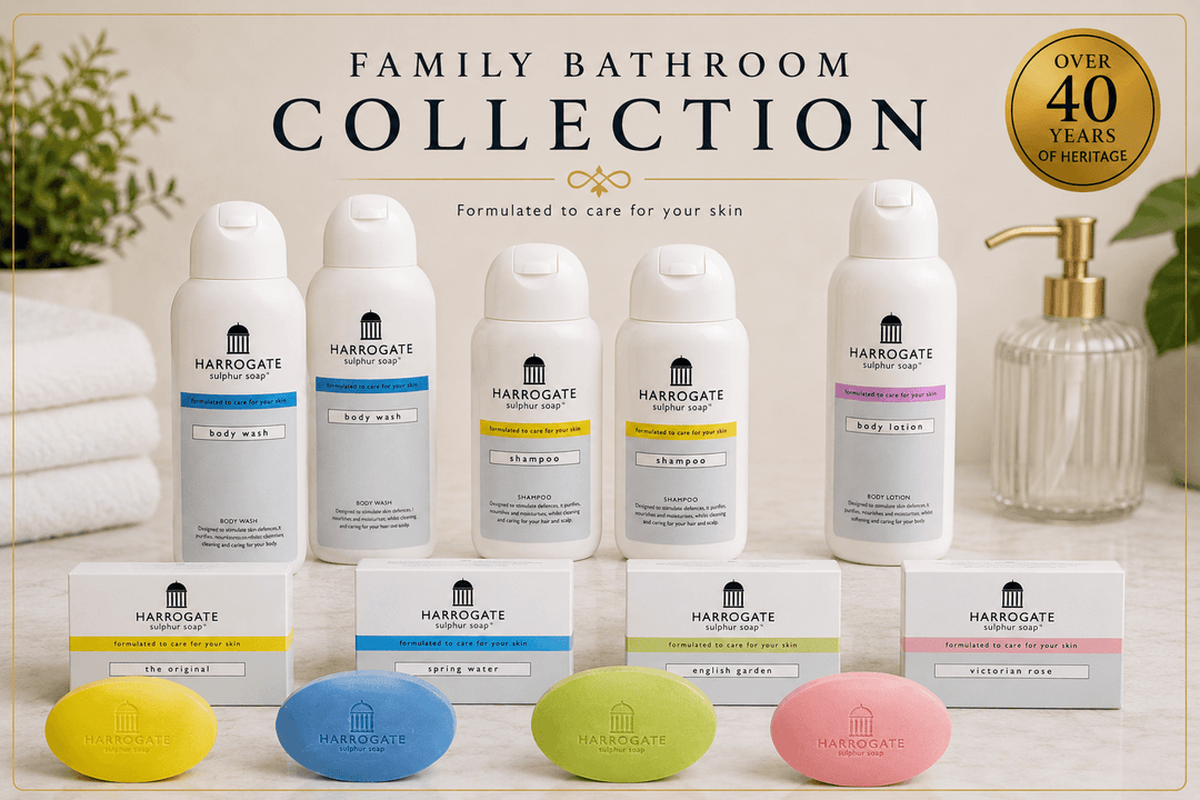 family bathroom essentials collection featuring body wash, shampoo, soap, and lotion products in elegant display.