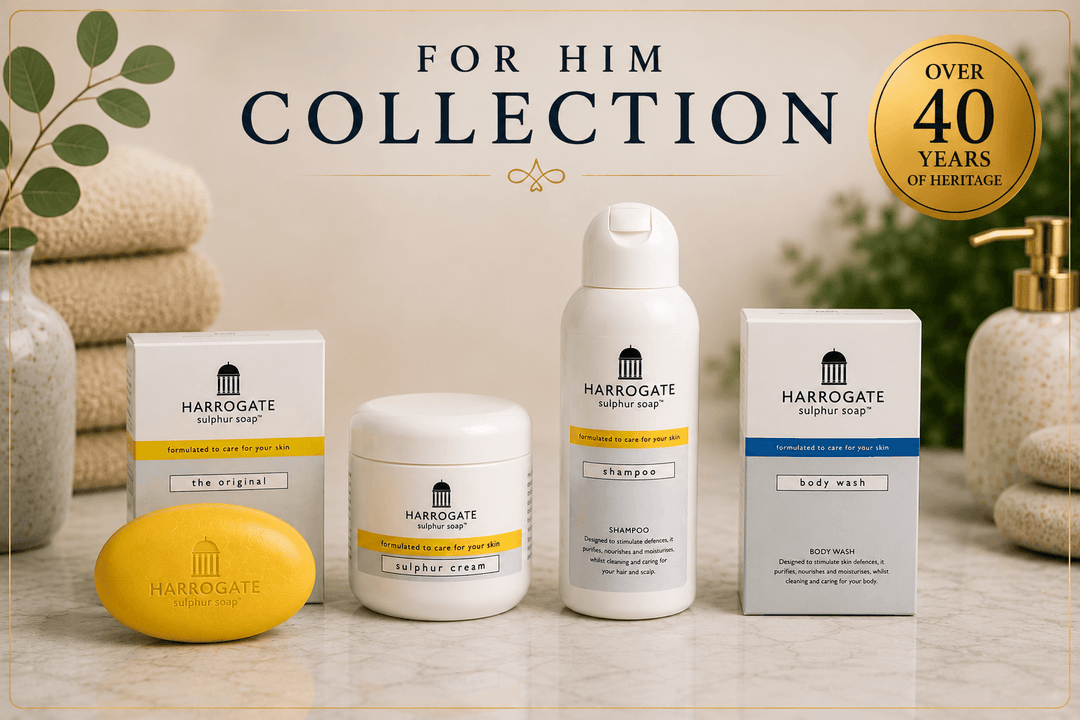 For Him Collection featuring everyday skincare for men essentials: Sulphur Soap, Shampoo, Body Wash, and Cream.
