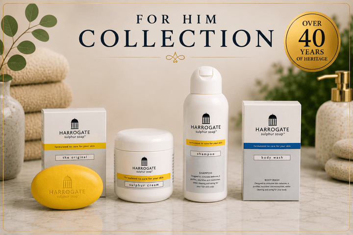 For Him Collection featuring everyday skincare for men essentials: Sulphur Soap, Shampoo, Body Wash, and Cream.