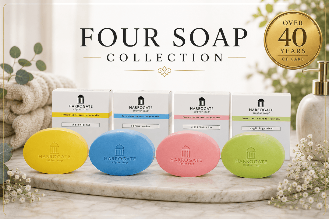 Harrogate sulphur soap collection featuring four handcrafted soap bars in colorful packaging.
