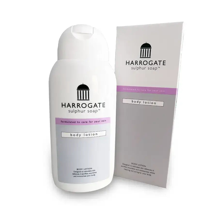 lavender body lotion 250ml in a white bottle with Harrogate branding and packaging.