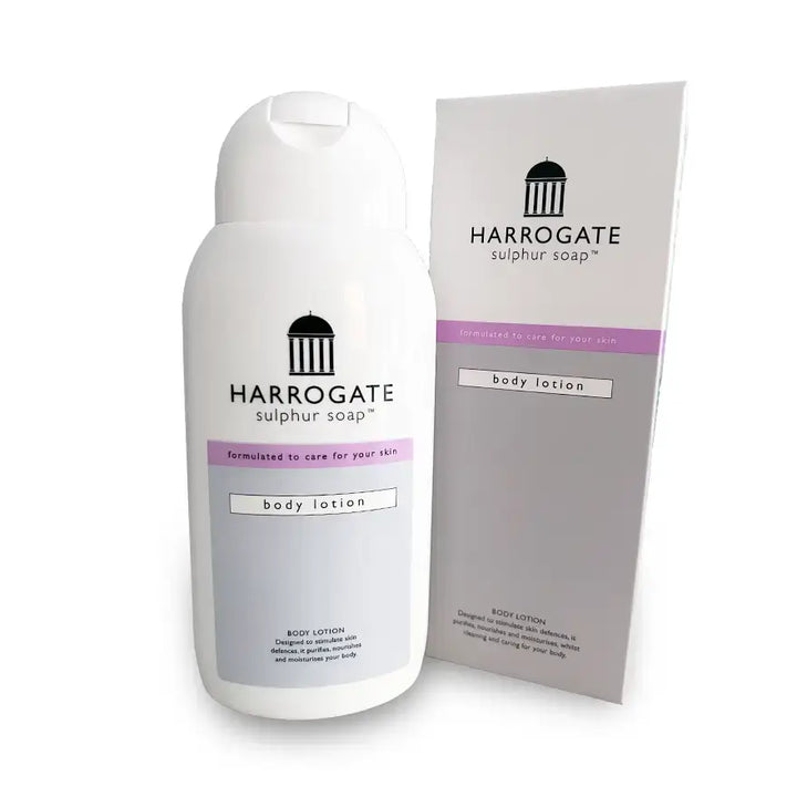 Harrogate spa skincare collection body lotion product image with packaging, showcasing sulphur-based skincare.