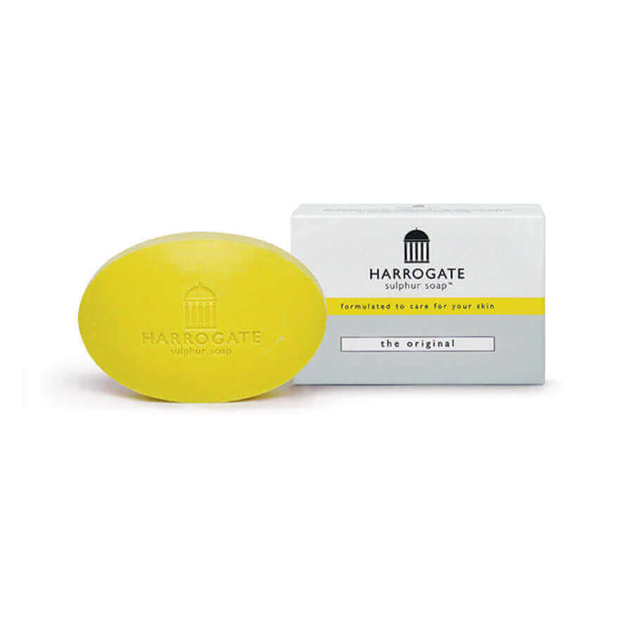 Harrogate sulphur skincare collection featuring the Original Sulphur Soap and its packaging.