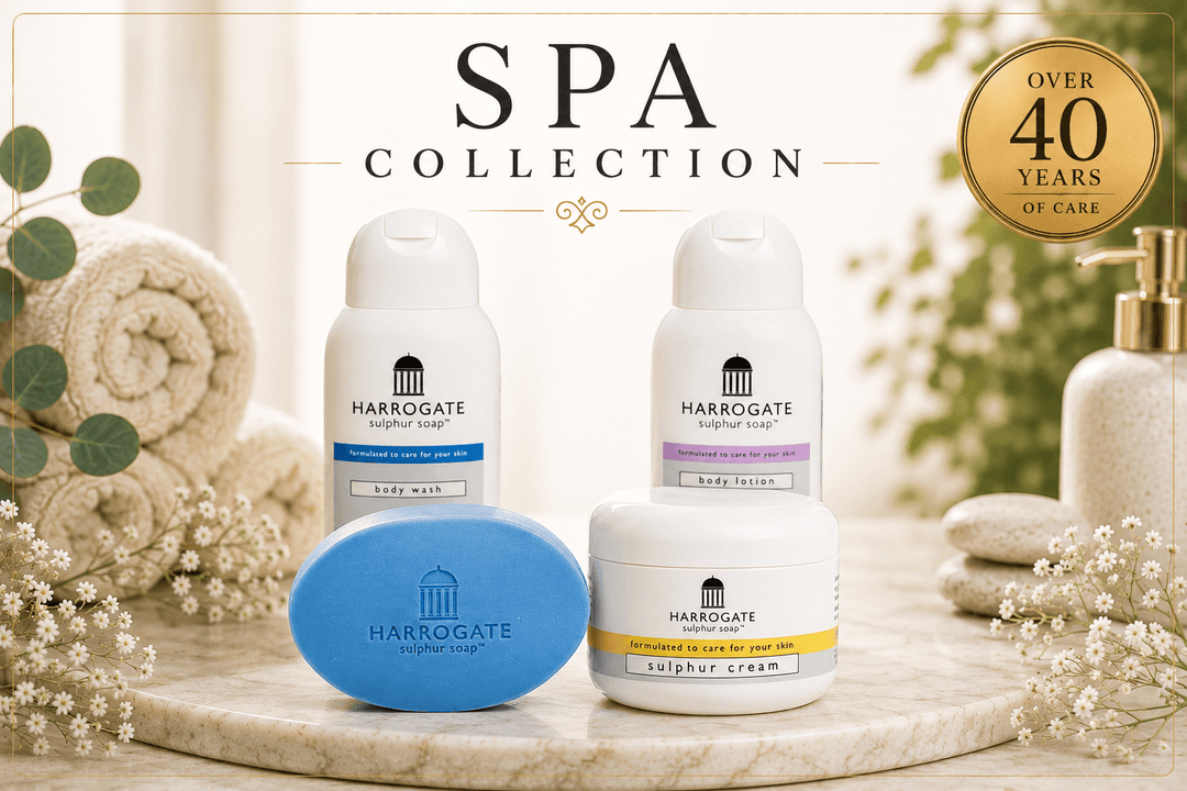 Harrogate spa skincare collection products including sulphur soap, body wash, body lotion, and sulphur cream.