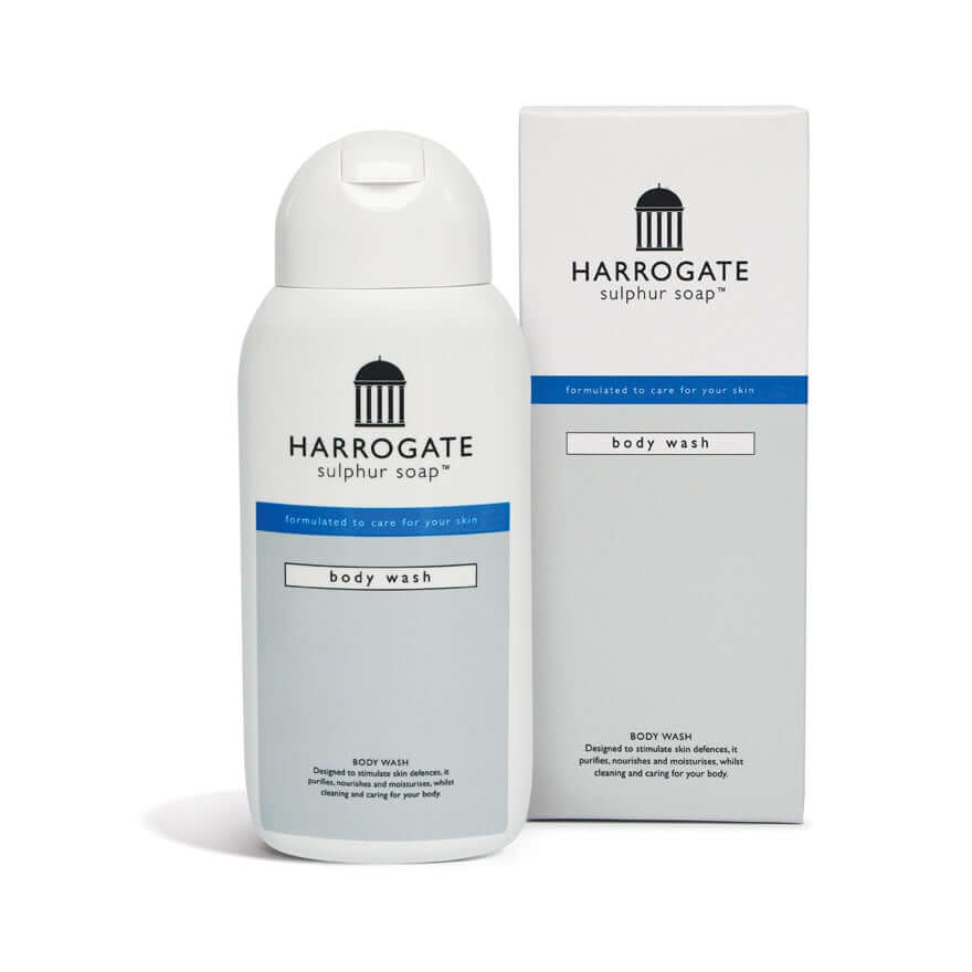 Harrogate spa skincare collection body wash bottle and packaging featuring sulphur-based formula.