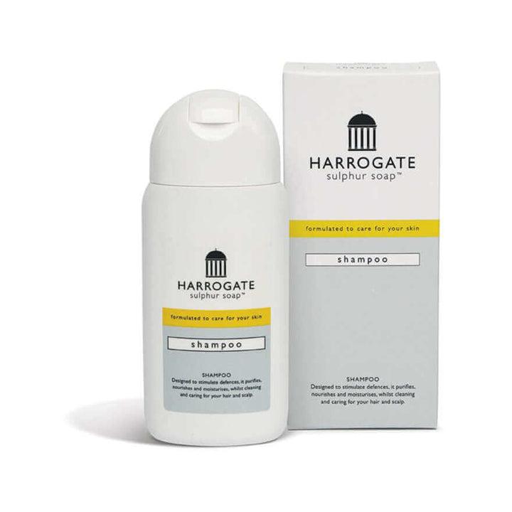 Harrogate sulphur soap shampoo bottle and box for sulphur hair care collection.