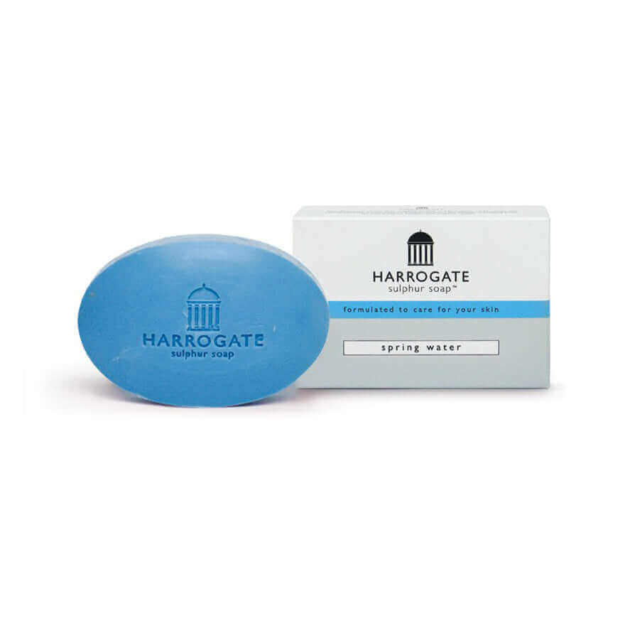 Harrogate sulphur soap collection featuring Spring Water soap and packaging, highlighting skin care benefits.