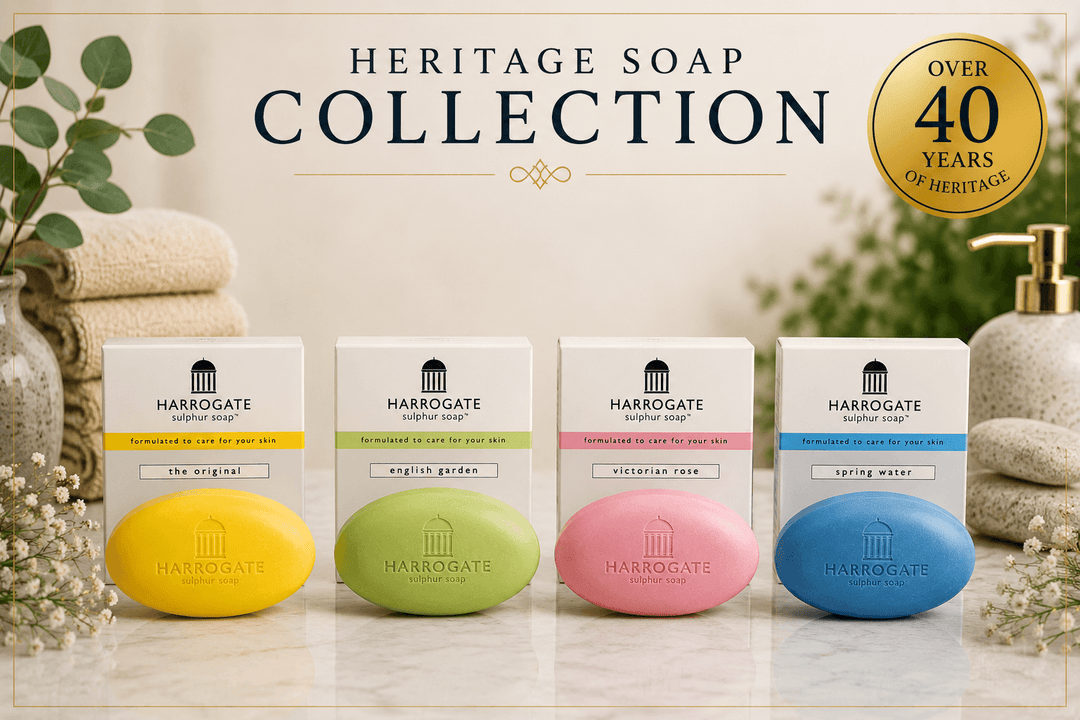 Heritage Soap Collection featuring Original, English Garden, and Spring Water soaps with 40 years of heritage