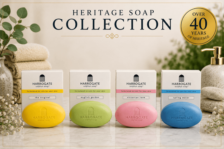 Heritage Soap Collection featuring Original, English Garden, and Spring Water soaps with 40 years of heritage