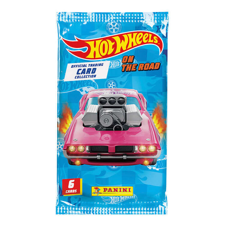 Hot Wheels On The Road Trading Card Collection packaging featuring a pink car and official branding by Panini.