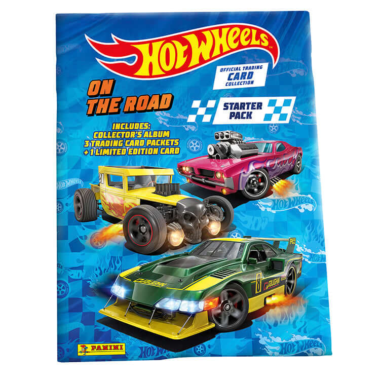 Hot Wheels On The Road Trading Card Collection starter pack with collectible album and trading cards.