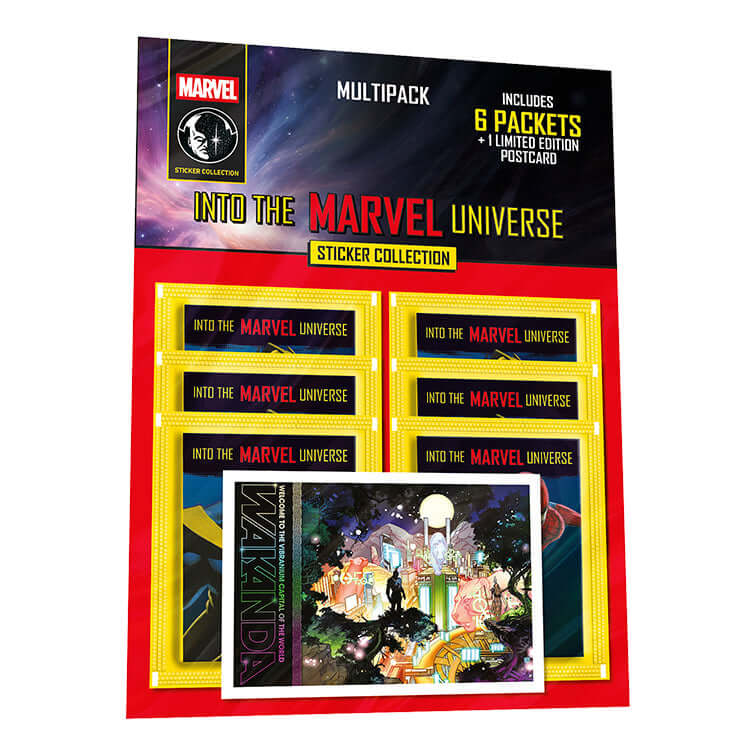 Marvel Universe Comics Sticker Collection multipack including 6 packets and a limited edition postcard.