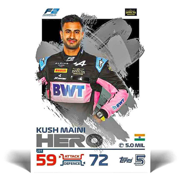 Turbo Attax Official Formula 1 Trading Card Game 2024 Kush Maini Hero card with stats and logo.