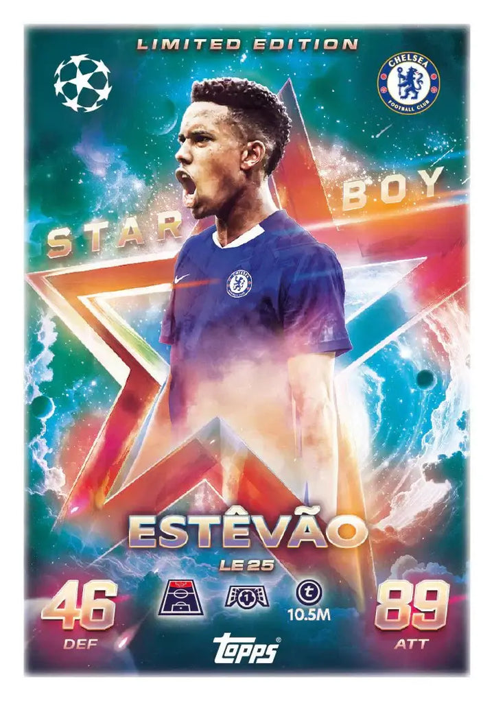 Match Attax 2025-26 Starter Pack card featuring limited edition Estêvão with stats and Chelsea branding.