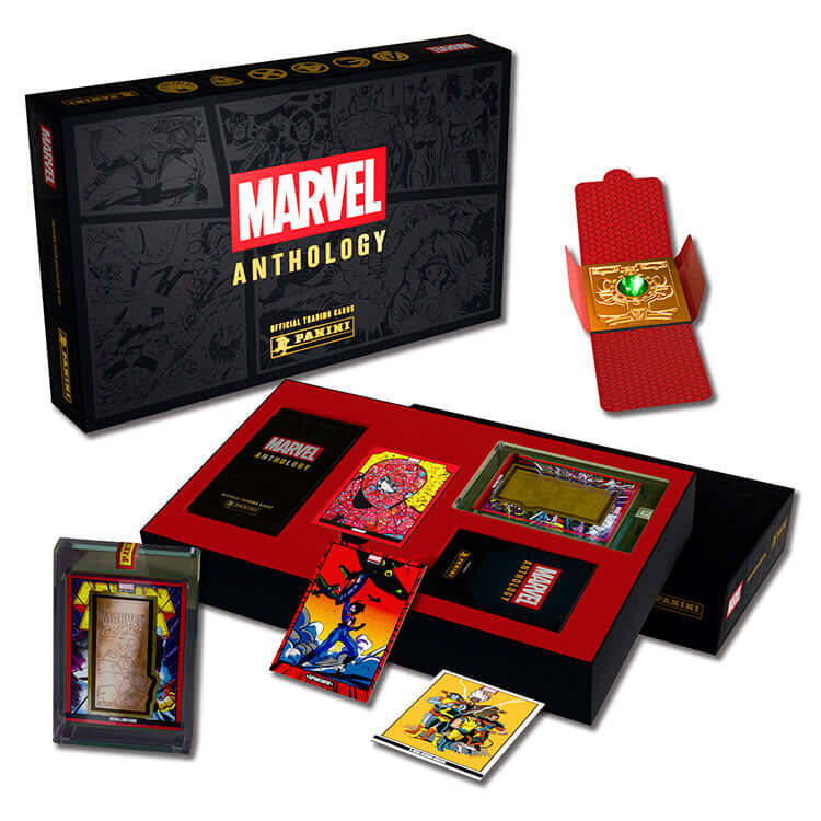 Marvel Anthology Trading Card Hobby Box with cards and packaging featuring iconic comic art and collectibles.