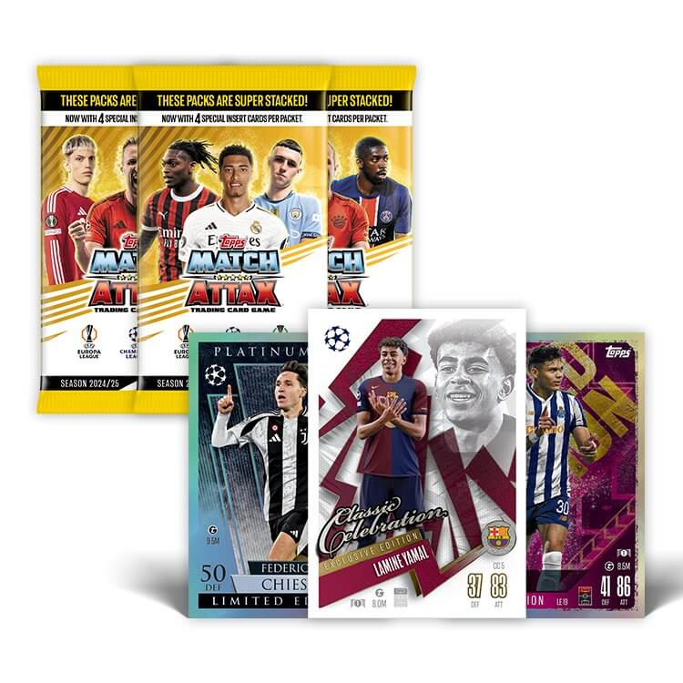 Match Attax 24-25 Eco Pack - UEFA Champions League Trade Cards featuring various players and card designs.