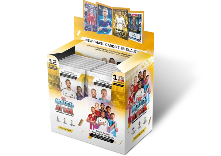 Match Attax 2025-26 Pack of 32 Packets display box featuring UEFA Champions League cards.