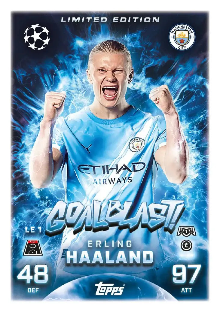 Match Attax 2025-26 Starter Pack - Limited Edition Goalblast card of Erling Haaland with stats and team logo.