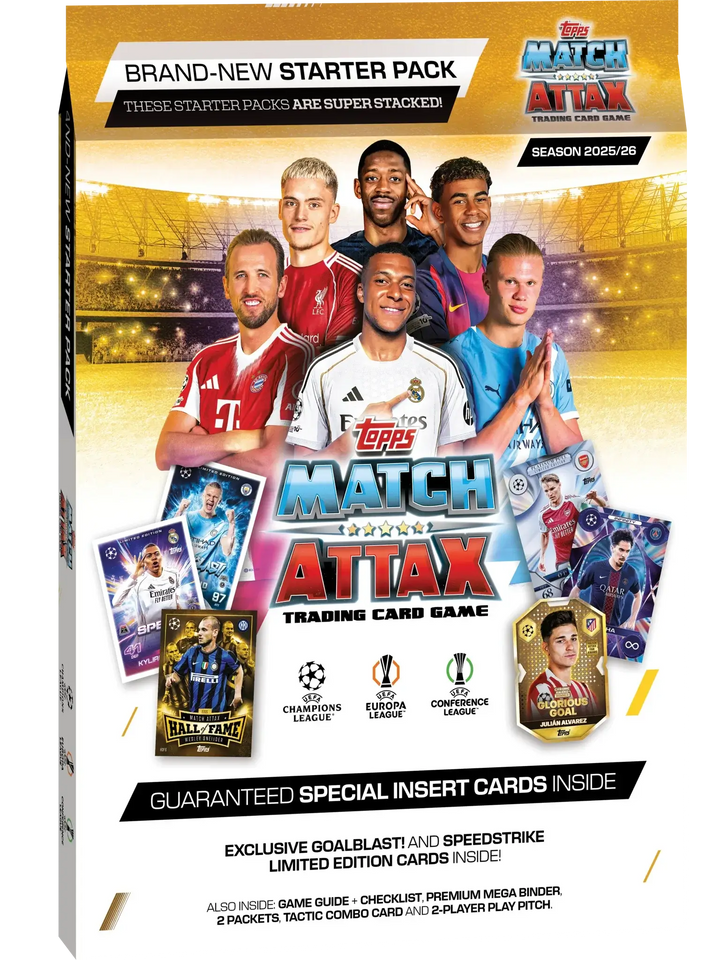 Match Attax 2025-26 Starter Pack featuring exclusive cards, collector binder, and game guide for UEFA Champions League.