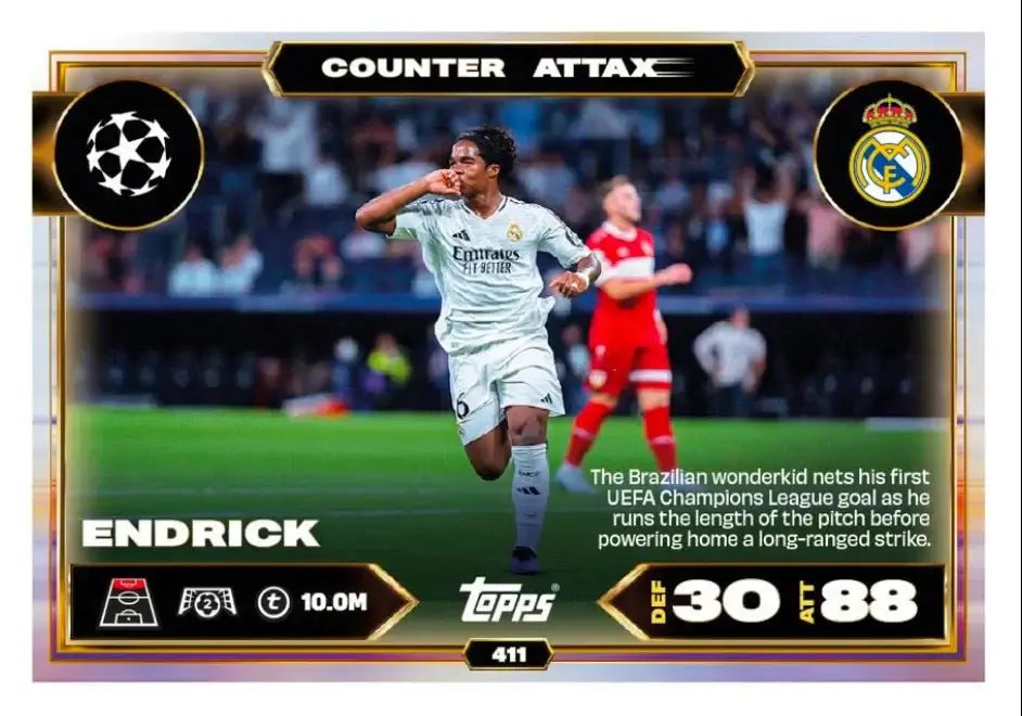Match Attax 2025-26 Starter Pack featuring Endrick celebrating a goal in UEFA Champions League.