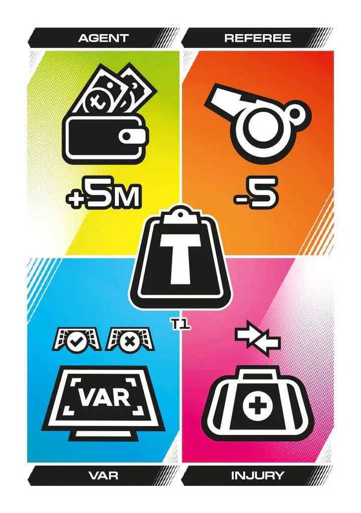 Match Attax 2025-26 Starter Pack featuring Agent, Referee, VAR, and Injury cards in vibrant colors.