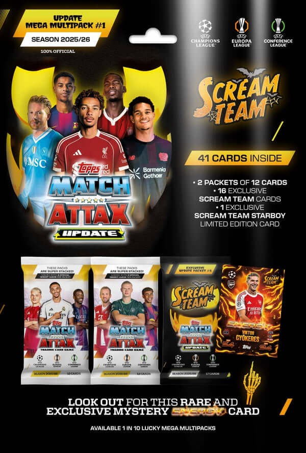 Match Attax Update - Scream Team Mega Multipack featuring 41 cards including exclusive cards and limited edition.