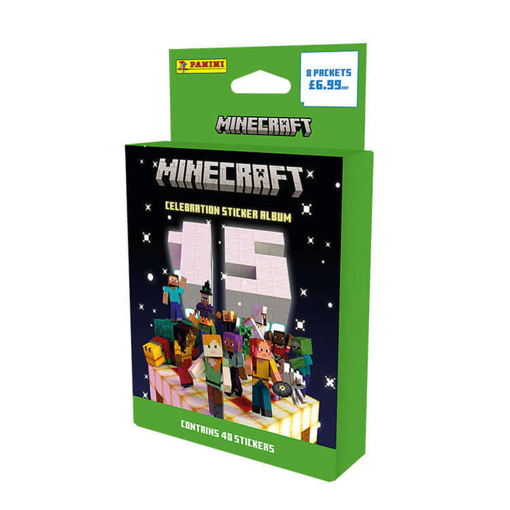Minecraft Sticker Collection featuring 15 celebration with 40 stickers and 8 packets for fans of Minecraft.