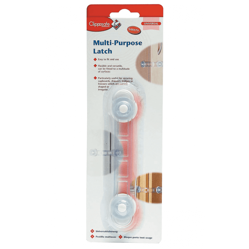 Mini Multi-Purpose Safety Latches packaging on a card for childproofing cupboards and drawers.
