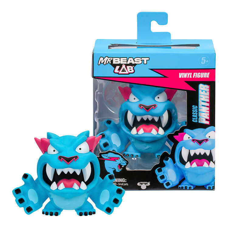 Mr Beast Lab Vinyl Figure Classic Panther displayed in packaging with vibrant blue and pink design, showcasing detailed craftsmanship.