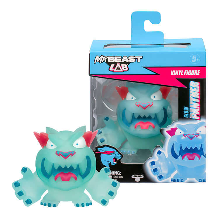 Mr Beast Lab Vinyl Figure Glow Panther in packaging with a vibrant blue and pink design, perfect for collectors.