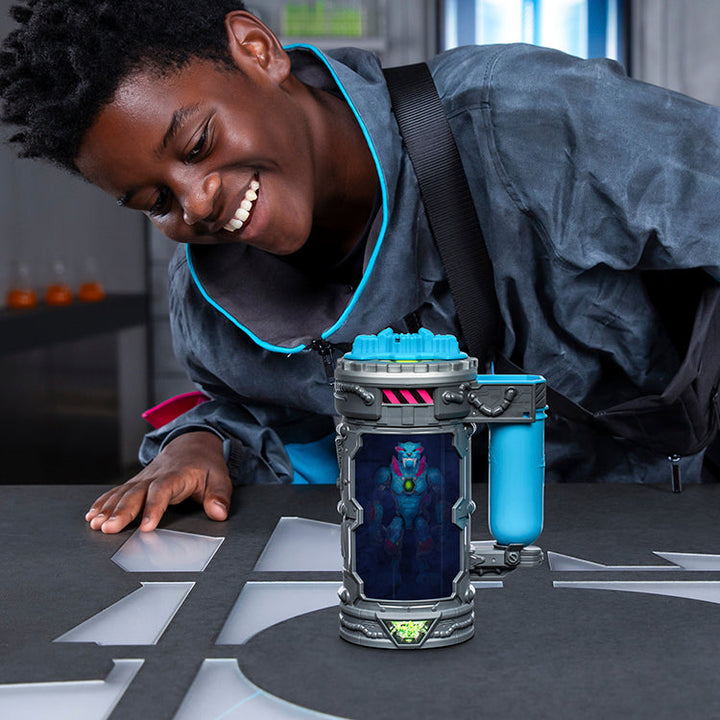 A child excitedly interacts with the MrBeast Lab Mutators Chamber - Stealth Panther on a table.