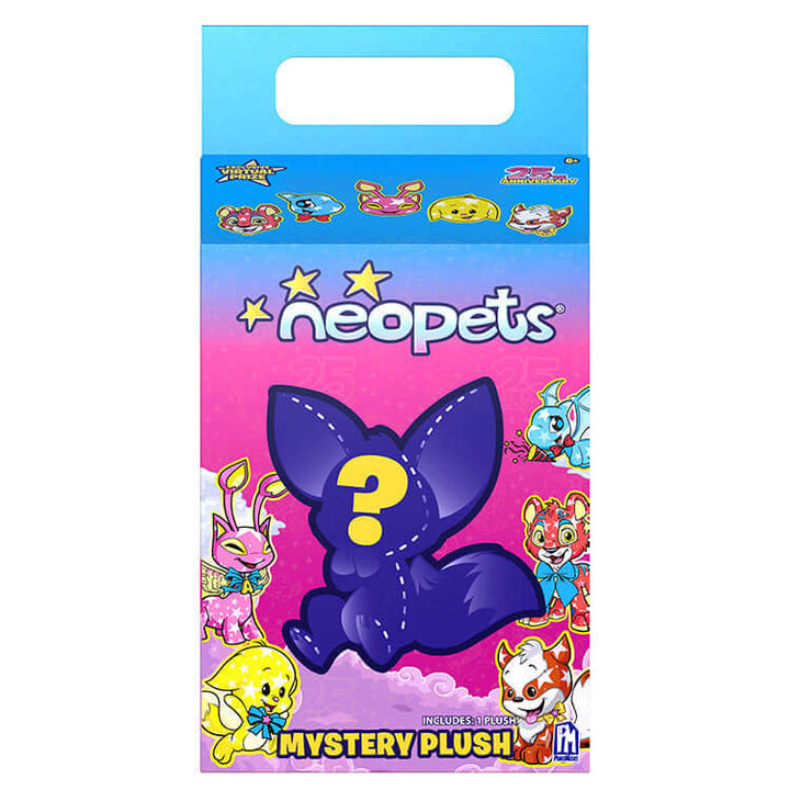 Neopets 25th Anniversary Mystery Plush packaging featuring a purple silhouette and colorful Neopets characters.