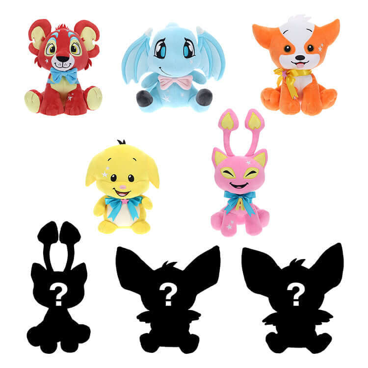Image of Neopets 25th Anniversary Mystery Plush featuring colorful plush pets and mystery silhouettes.