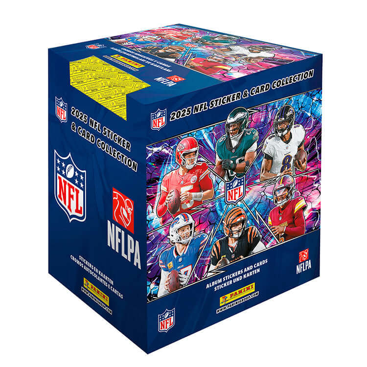 NFL 2025 Sticker & Trading Card Collection box featuring album stickers and cards with NFL players.