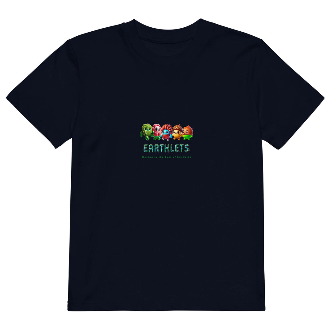 Earthlets organic cotton kids t-shirt in navy featuring colorful cartoon characters and logo.