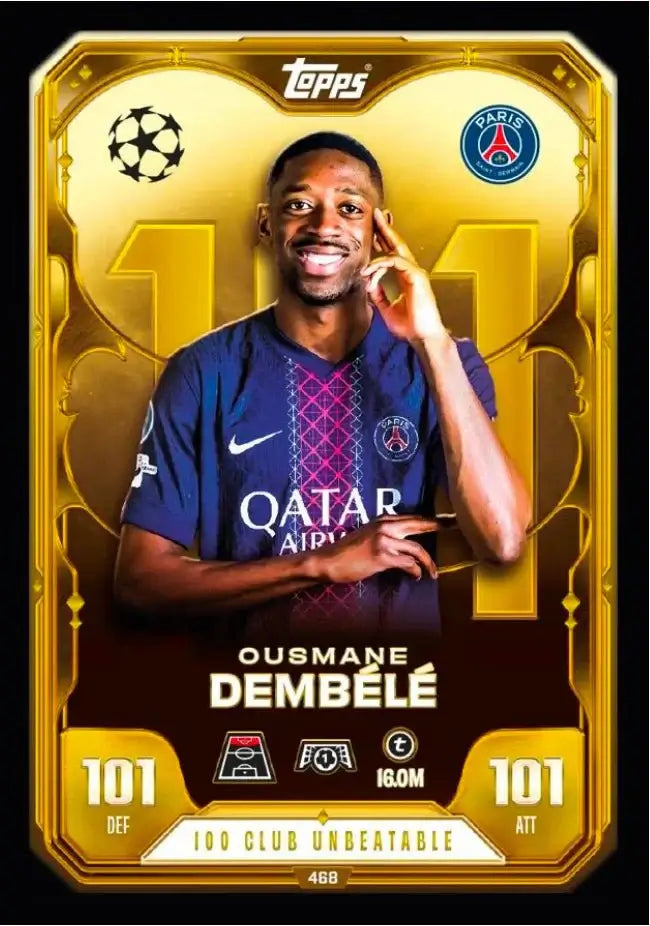 Match Attax 2025-26 Pack of 32 Packets featuring Ousmane Dembélé from PSG, 100 Club Undeniable card.