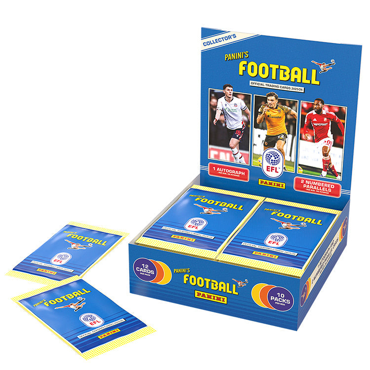 EFL trading cards collectors box 2025/26 featuring Panini Football packs and autographed cards.