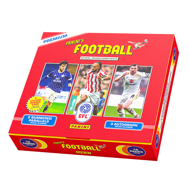Panini's Football EFL trading cards collectors box 2025/26 Premium Box with 5 numbered parallels and 3 autographs.