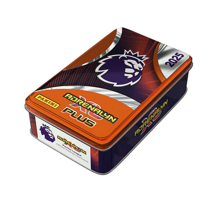 Premier League 2025 Adrenalyn XL PLUS trading card tin featuring vibrant graphics and branding.