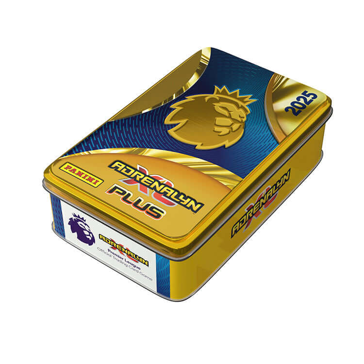 Premier League 2025 Adrenalyn XL PLUS trading card tin featuring the iconic Premier League lion logo.