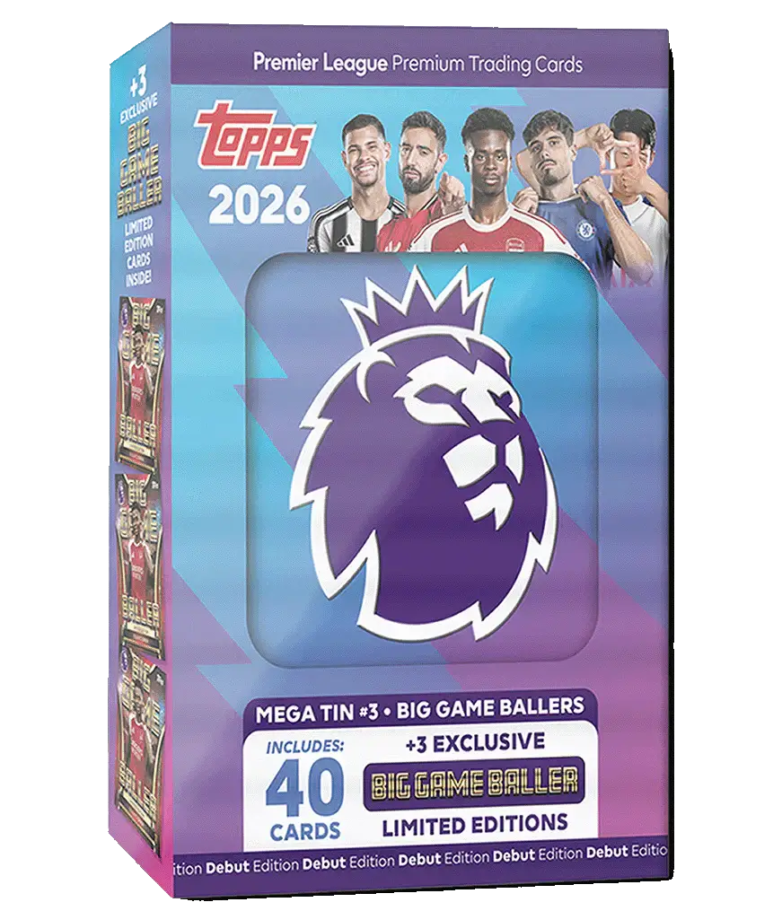 Topps Premier League 2026 Mega Tin featuring Big Game Ballers, includes 40 cards and exclusive limited editions.