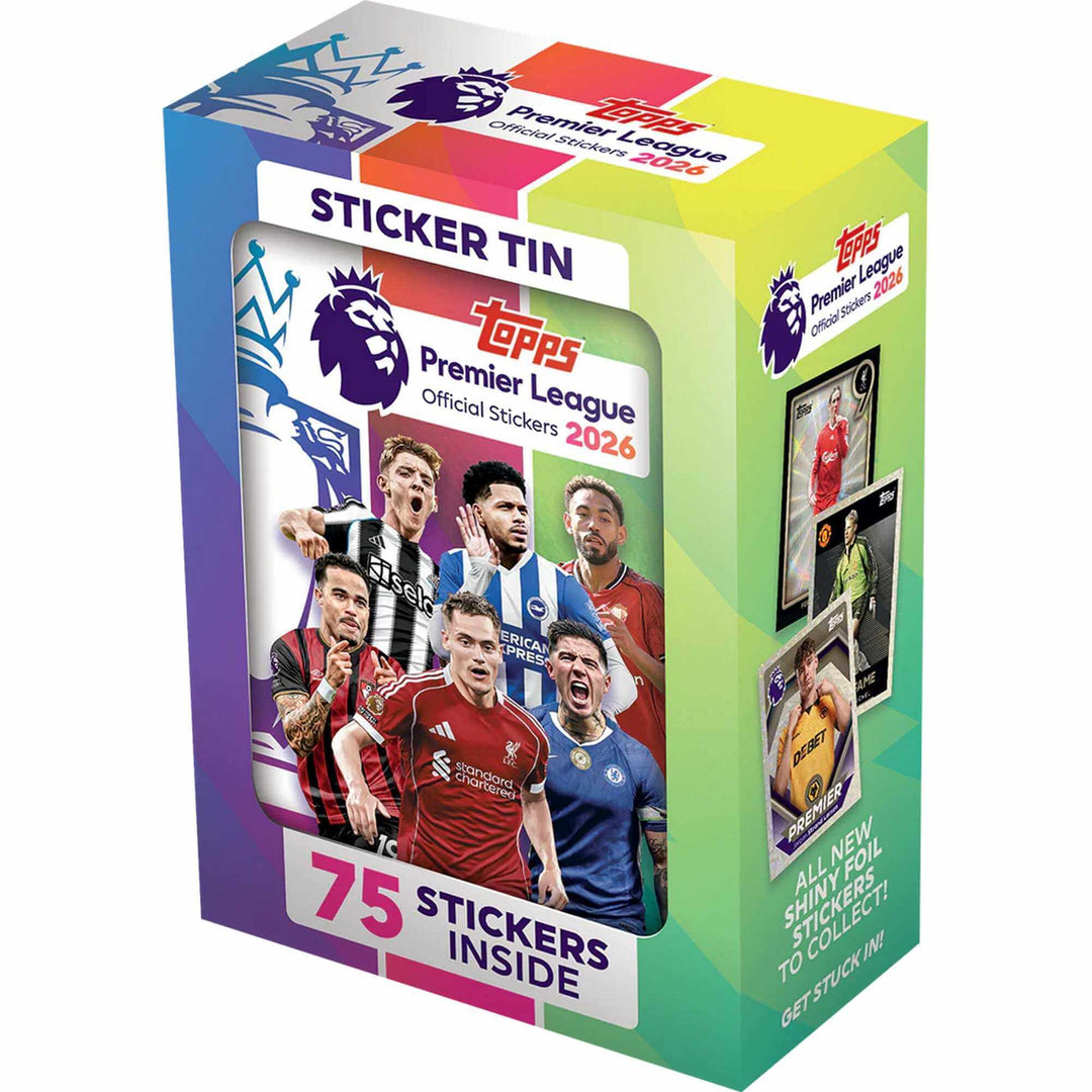 Premier League 2026 Stickers Mini Tin featuring 75 official stickers for collectors and fans.