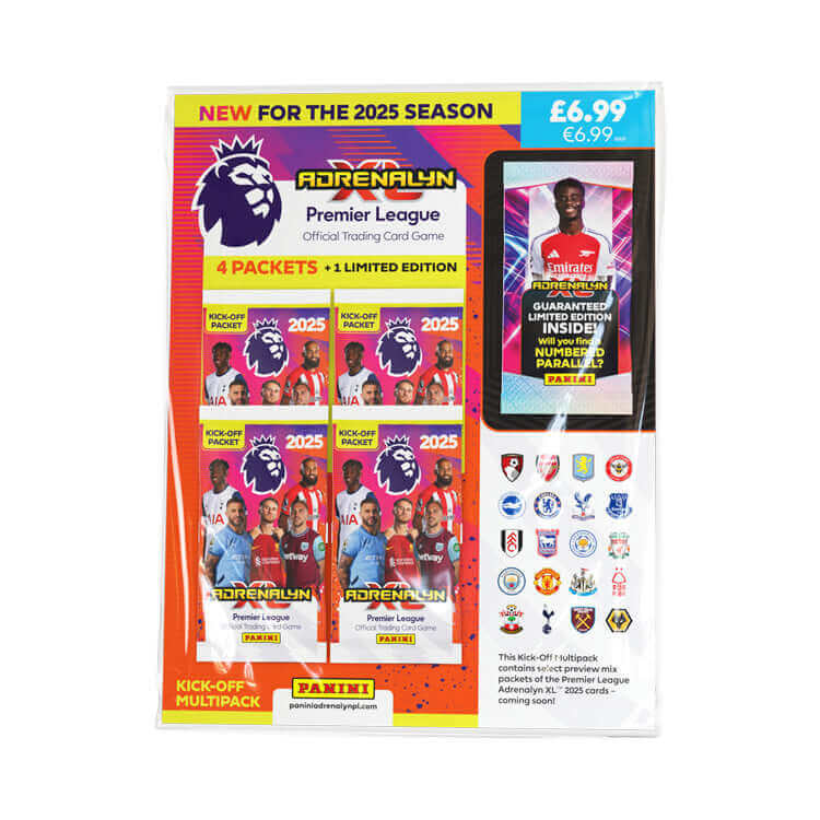 Premier League 2024-25 Adrenalyn XL trading card game multipack featuring 4 packets and a limited edition card.