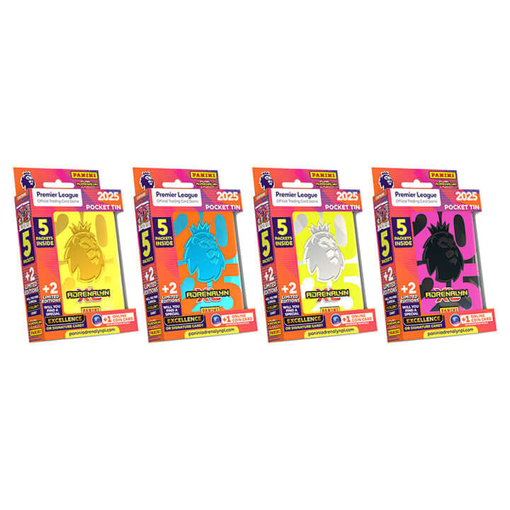 Premier League 2024-25 Adrenalyn XL collectible pocket tins in various colors from Panini.