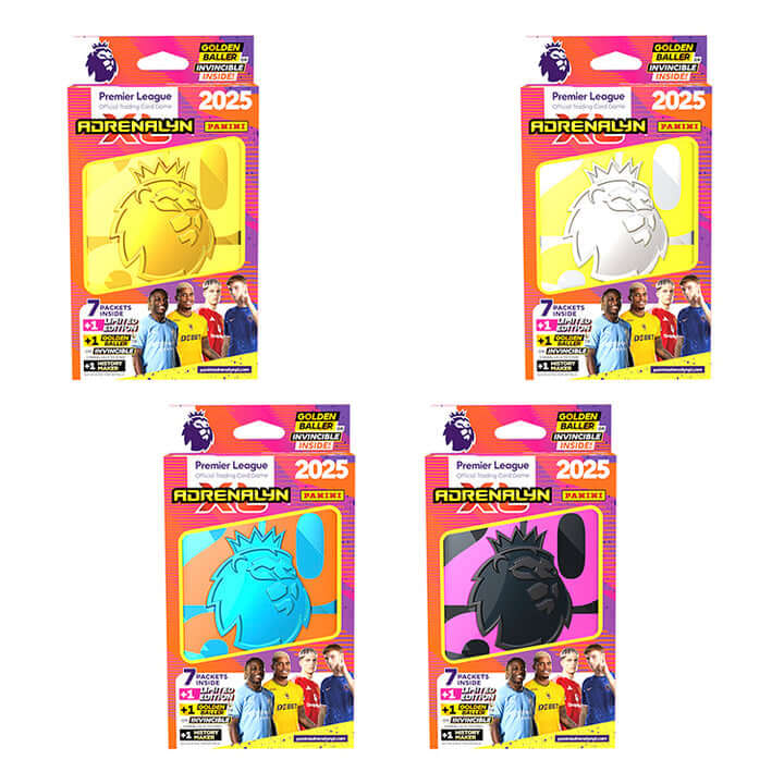 Premier League 2024-25 Adrenalyn XL trading card game packs featuring golden, blue, and black designs.