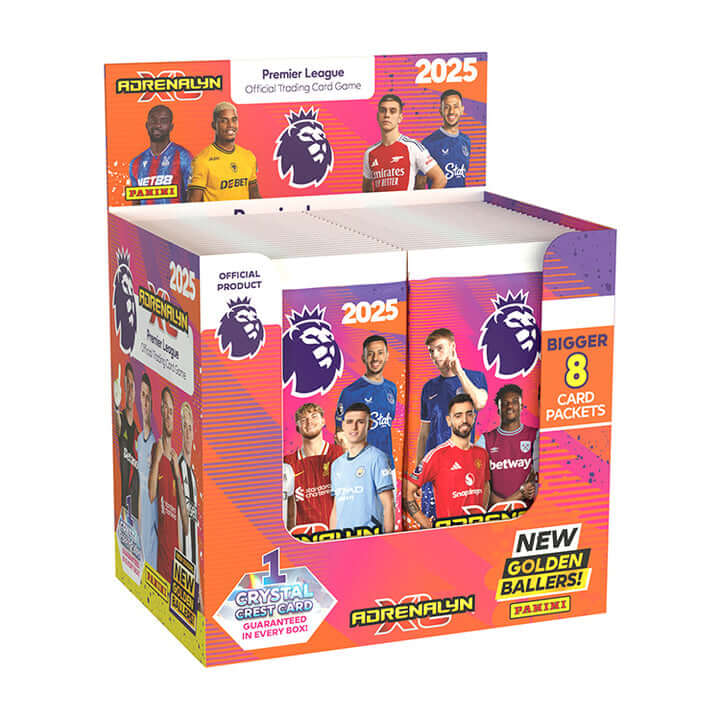 Premier League 2024-25 Adrenalyn XL trading card game display box with 8 card packets featuring players.