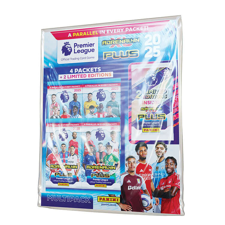 Premier League 2025 Adrenalyn XL PLUS multipack featuring 4 packets and 2 limited editions from Panini.