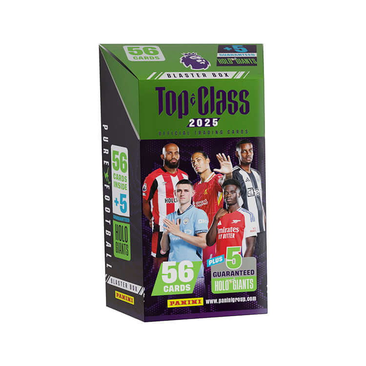 Premier League Top Class 2025 Trading Cards blaster box featuring 56 cards and 5 guaranteed holo giants.
